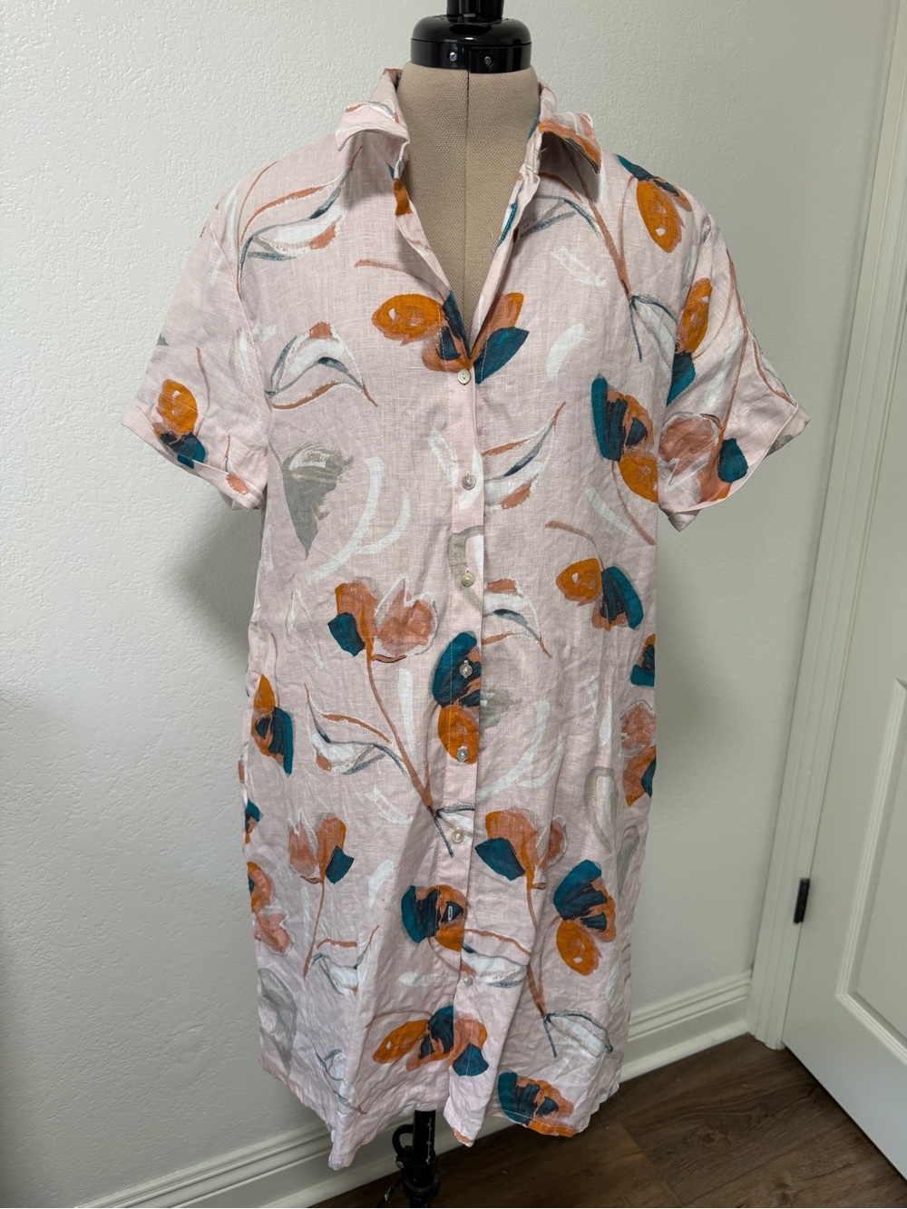 Rachel Zoe Light Pink Floral Midi Shirt Dress with Teal and Mustard Accents